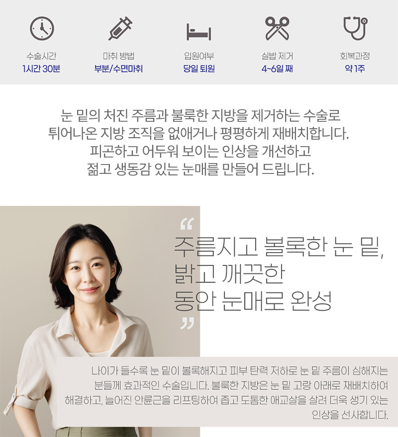 주름지고 볼록한 눈 밑, 밝고 깨끗한 동안 눈매로 완성