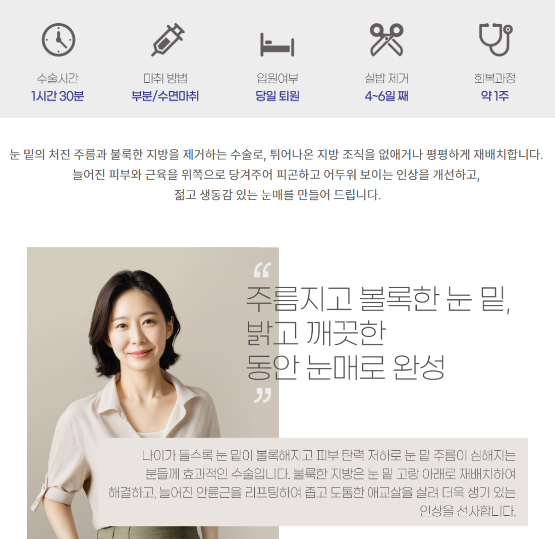 주름지고 볼록한 눈 밑, 밝고 깨끗한 동안 눈매로 완성